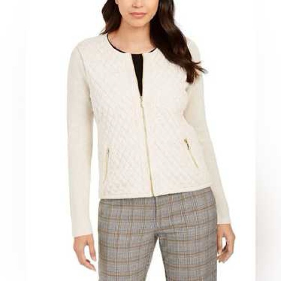 Charter Club Cream Quilted Zip Up Sweater - Picture 1 of 11
